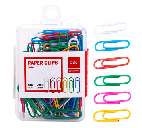 Скрепки Цветные 29мм 100шт в пакете в боксе (Deli), Китай
