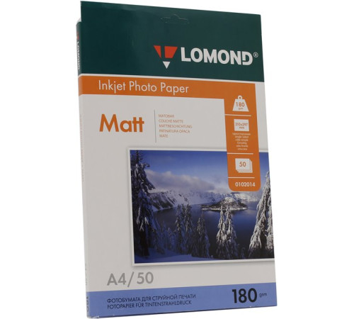 Фотобумага  A4, матов., 180 г/м, 50л.,, одностор.,струйн.принт. INK JET LOMOND,РФ