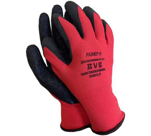 Перчатки из красного полиэстера с вспенен.черн. покрытием на ладони, 13 класс вязки, р-р 9, Китай