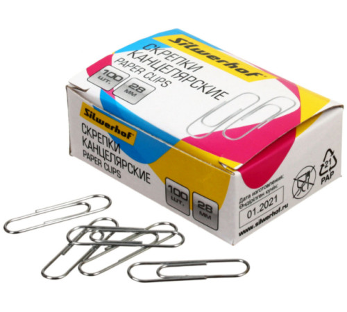 Скрепки 33мм 100шт/уп Silwerhof  никелированные, округл., Китай