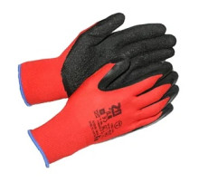 Перчатки из красного полиэстера с вспенен. черн покрытием. на ладони, 13 класс вязки р-р 10, Китай