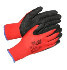 Перчатки из красного полиэстера с вспенен. черн покрытием. на ладони, 13 класс вязки р-р 10, Китай