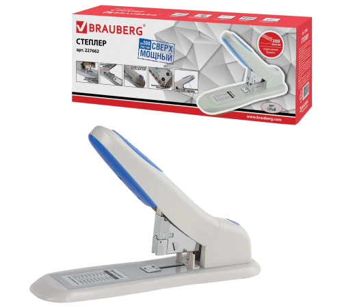 200л Степлер Мощный №24/6-23/24 BRAUBERG "Heavy duty PR O", серо-синий, эргономичный, РФ