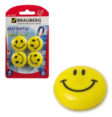 Магниты для доски диам. 30 мм  BRAUBERG 4 шт./упак, цвет "Смайлики" желт., блистер. РФ