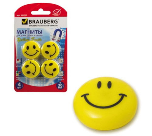 Магниты для доски диам. 30 мм  BRAUBERG 4 шт./упак, цвет "Смайлики" желт., блистер. РФ