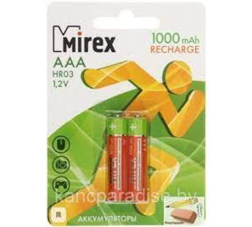 Аккумулятор Ni-MH Mirex HR3 / AAА 1000mAh 1,2V 2 шт/упак (2/20/100), ecopack, Китай