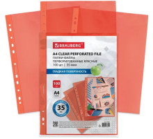 Файлы (папка-вкладыш) перфорированные КРАСНЫЕ Brauberg, А4, 35мкм, гладкие, 100шт/упак, РФ