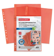 Файлы (папка-вкладыш) перфорированные КРАСНЫЕ Brauberg, А4, 35мкм, гладкие, 100шт/упак, РФ
