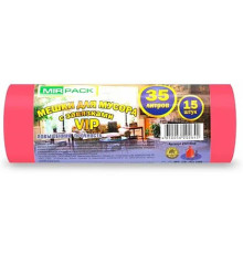 35л Пакеты для мусора 15шт/рулон ПНД Mirpack Vip 18мкм 50*60см цв.красный, с завязками, РФ