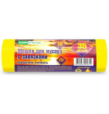 35л Пакеты для мусора 15шт/рулон ПНД Mirpack Vip 18мкм 50*60см цв.желтый, с завязками, РФ