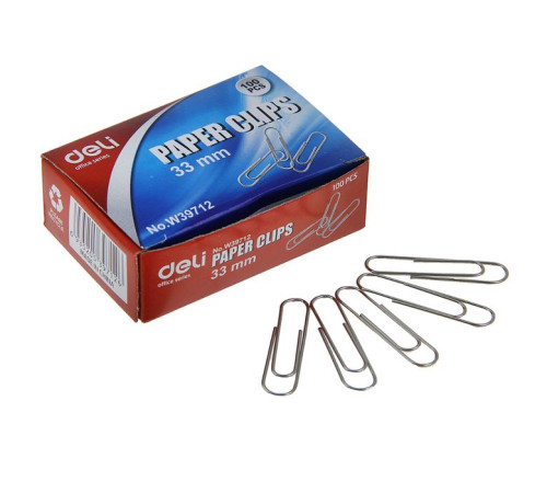 Скрепки 33мм 100шт/уп никелированные, овал (Deli), Китай