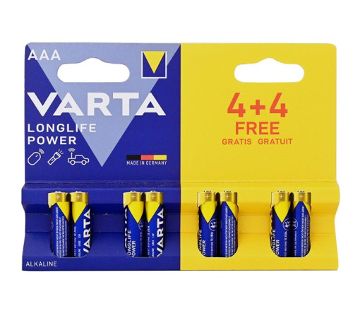 Батарейка LR03 ААА  VARTA Longlife Power,  алкалайн.1,5V  4+4 шт/уп, ,блистер Германия