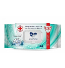 Салфетки влажные 144 шт,  AURA FAMILY с антибактериальным эффектом,с крышкой,  РФ