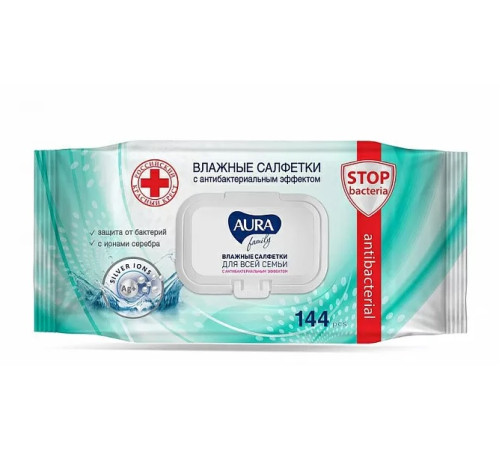 Салфетки влажные 144 шт,  AURA FAMILY с антибактериальным эффектом,с крышкой,  РФ