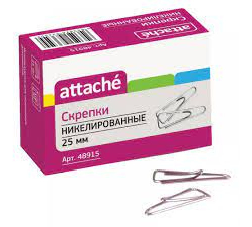 Скрепки 25мм 100шт/уп Attache, никелированные, треугольные, с отогнутым носиком, РФ