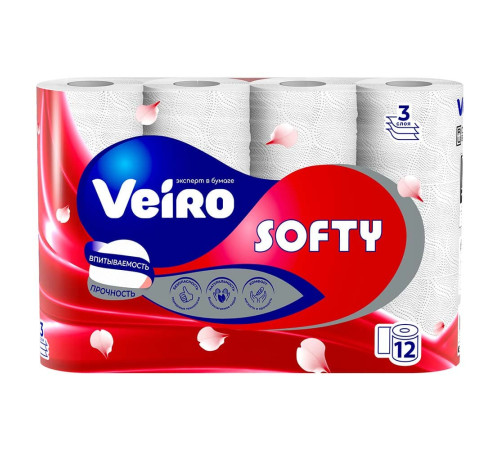 Туалетная бумага 3-х сл Veiro Soft,  со втулкой, 12рул/упак.,белая, Россия