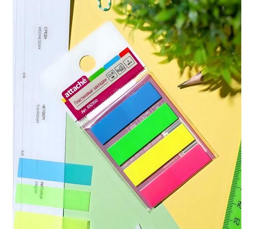 Закладки пластик. 12*45мм, 4цв*25л, Attache, Китай