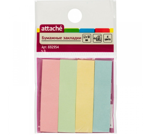 Закладки бумажные 12*50мм, Attache, 100л(25л*4цв), РФ