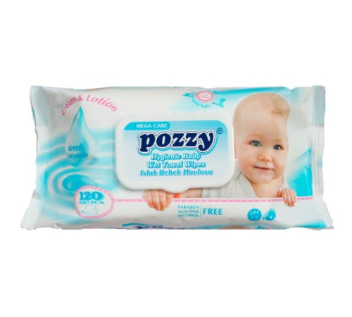 Салфетки влажные 120 шт, Pozzy  для детей с клапаном, голубые, Турция