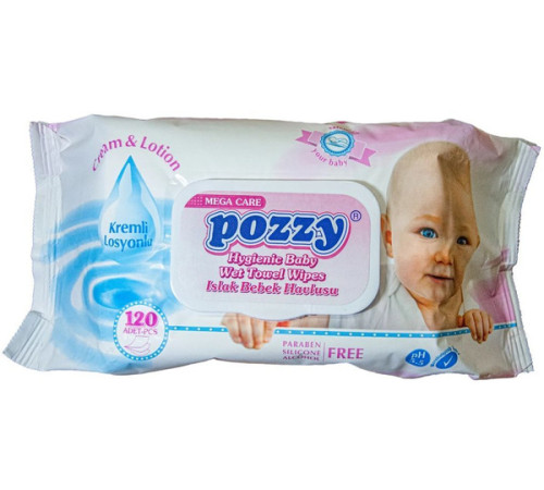 Салфетки влажные 120 шт, Pozzy детские,с розовой крышкой, Турция