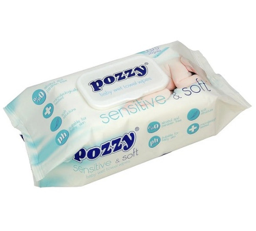 Салфетки влажные 100 шт, Pozzy  Sensetive&Soft, для детей с клапаном, Турция