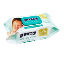 Салфетки влажные 120 шт, Pozzy детские, Календула и Ромашка, с зелёной крышкой, Турция