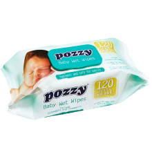 Салфетки влажные 120 шт, Pozzy детские, Календула и Ромашка, с зелёной крышкой, Турция