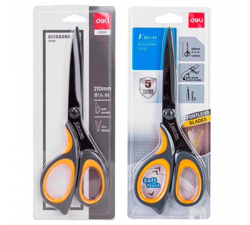 Ножницы 21см Deli, , эргономичные ручки, серые/желтые, Китай