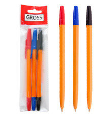 Набор ручек шариковых, 3 цв.  в блистере (синий, красный, черный) , GROSS, Китай