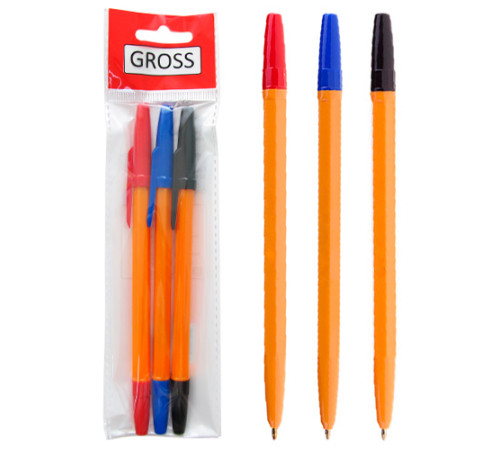 Набор ручек шариковых, 3 цв.  в блистере (синий, красный, черный) , GROSS, Китай