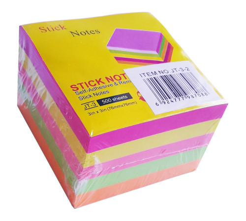 Блок 76*76 мм ассорти неон. 5 цв.*100 л (500)роз.желт.,салат.,оранж., с липким слоем GROSS, Китай