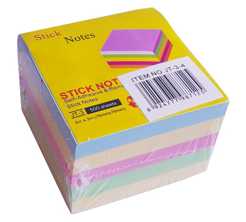 Блок 76*76 мм ассорти 5 цв.*100 л (500)голуб., жел., роз., зел.,с липким слоем GROSS, Китай