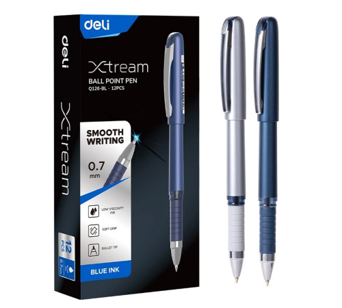 Ручка шариковая синяя 0,7 мм,  XTREAM, Deli, пласт корп.,  маслян.стер, Китай