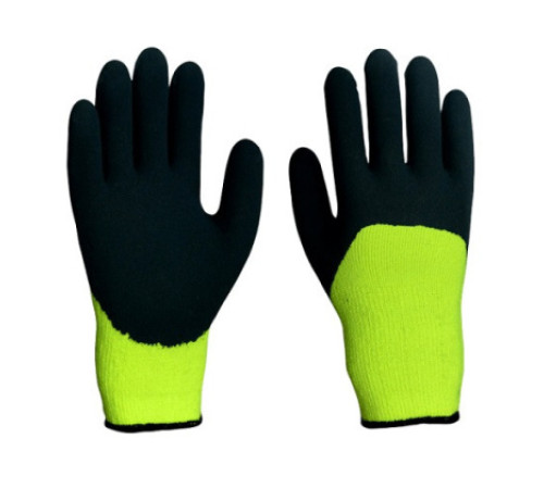 Перчатки из акрила х/б утепленные Черно-Салат.ладошка, вспен. лат. покр. 10 кл.вязки, р-р10,5.Китай