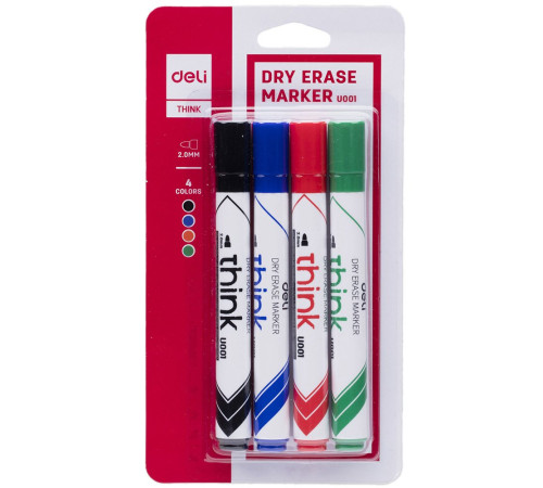 Набор маркеров для доски 4 шт/уп Think 2,00мм.  (черный, синий, красный, зеленый) Литва