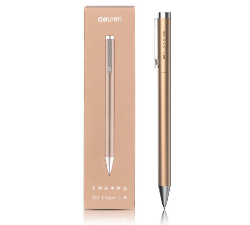 Ручка гелевая в футляре, золотистый корпус, стерж. черный,  Deli