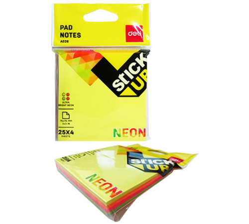 Блок 76*76 мм 4 цвета неон., с липким слоем DELI 100 л, Китай