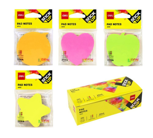 Блок 76*76 мм ассорти 4 цв.*20 л неон. с липким слоем фигурные DELI, РБ